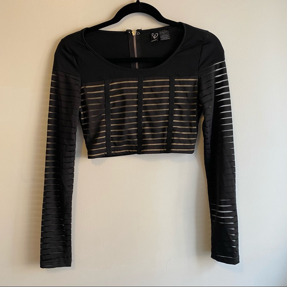 Windsor Black Mesh Stripped Cropped Zip Up Top